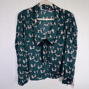 Zara Top Womens XL Dog Print Bow Button Blouse Novelty New Green Blogger Fave